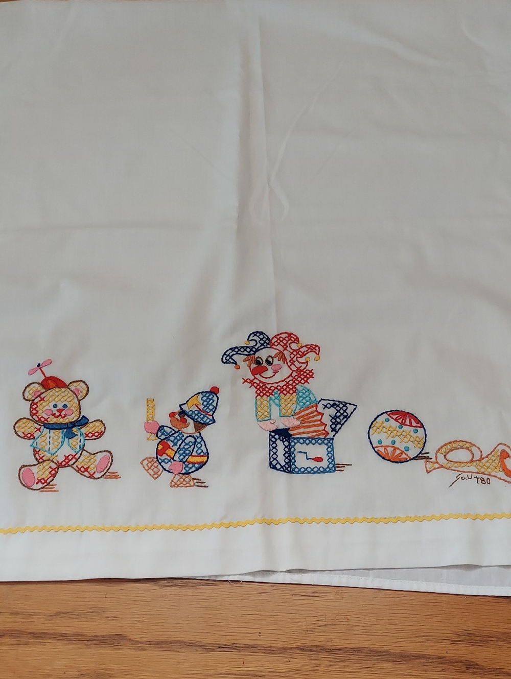 Playthings’ Crib Sheet Hand Embroidery from Bucilla Pattern  Vintage Clown Toys